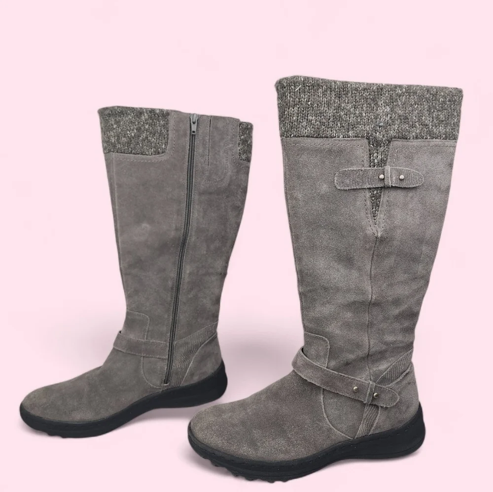 BareTraps Gray Sweater Cuff & Suede Faux Fur Lined Tall Boots 9 M Warm Winter